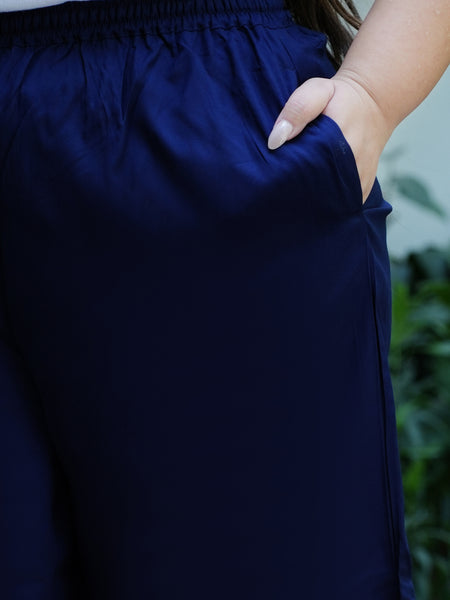 Navy Blue Rayon Solid Palazzo (Plus Size)