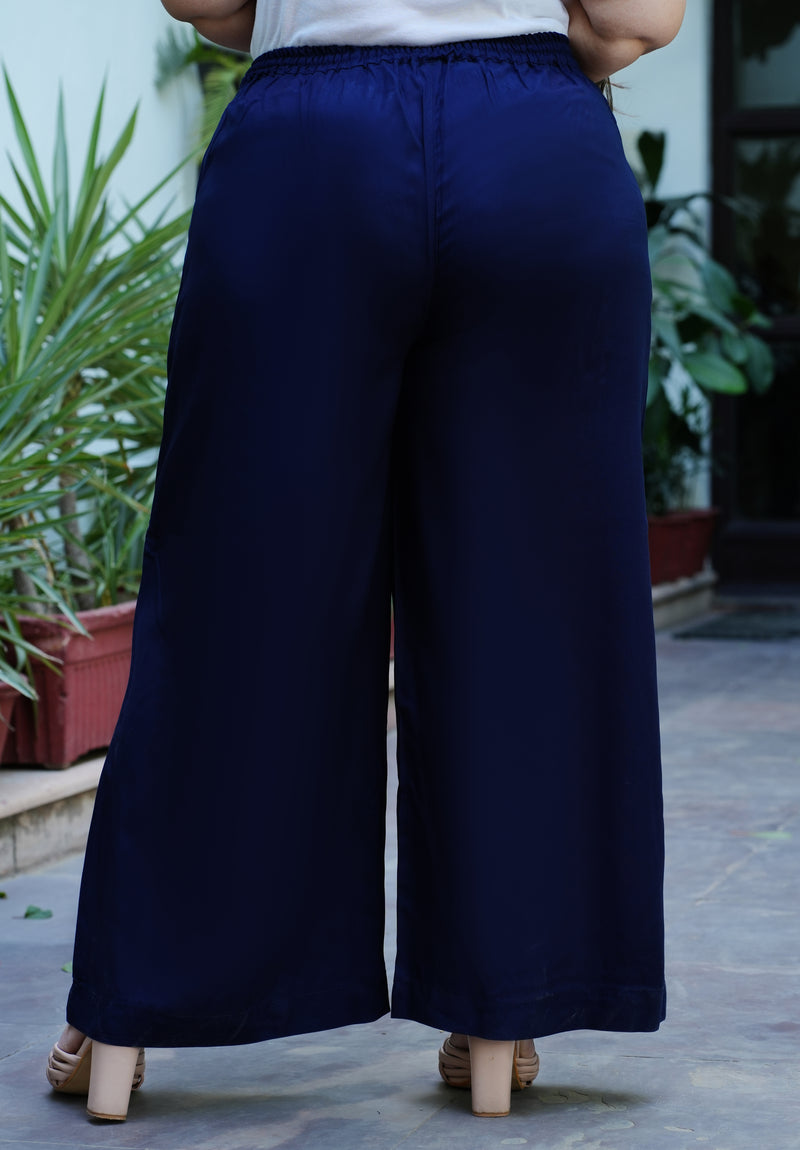 Navy Blue Rayon Solid Palazzo (Plus Size)