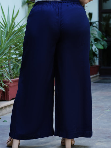 Navy Blue Rayon Solid Palazzo (Plus Size)