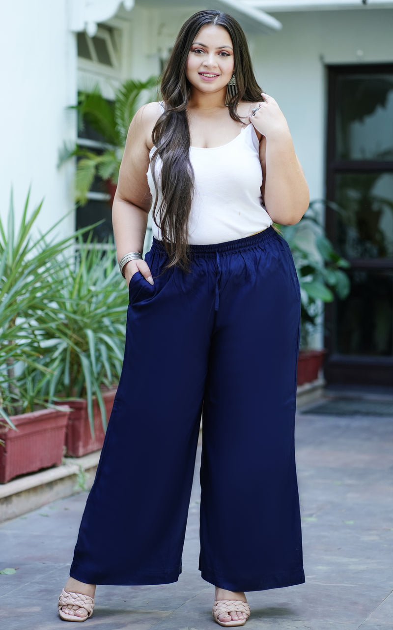 Navy Blue Rayon Solid Palazzo (Plus Size)
