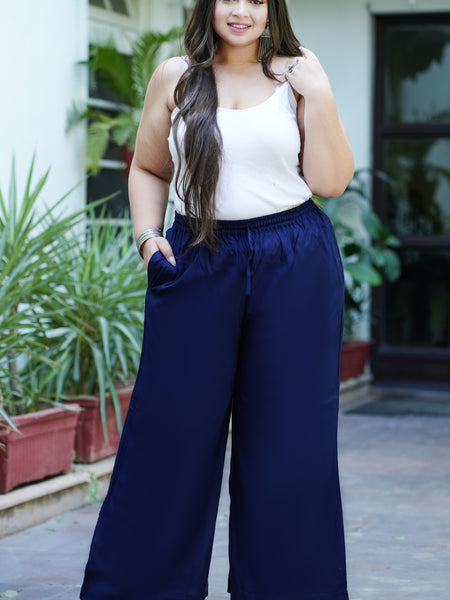 Navy Blue Rayon Solid Palazzo (Plus Size)