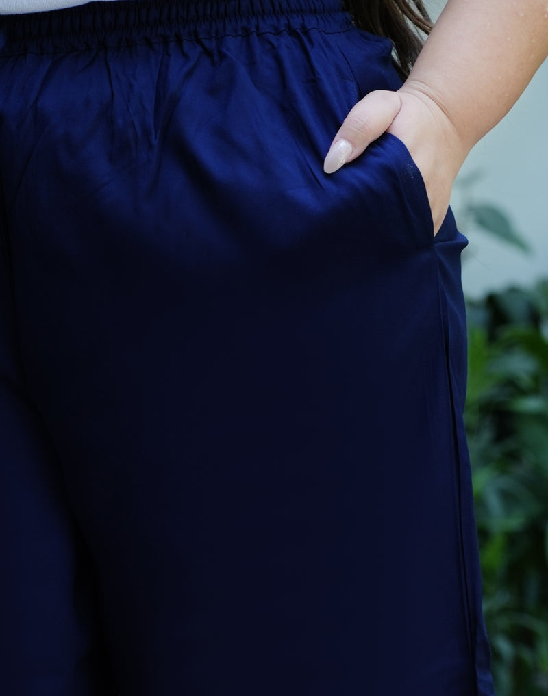 Navy Blue Rayon Solid Palazzo (Plus Size)