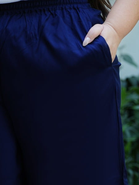 Navy Blue Rayon Solid Palazzo (Plus Size)