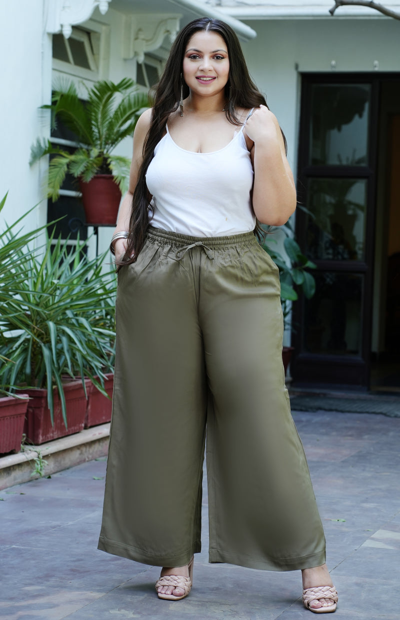 Olive Green Rayon Solid Palazzo (Plus Size)