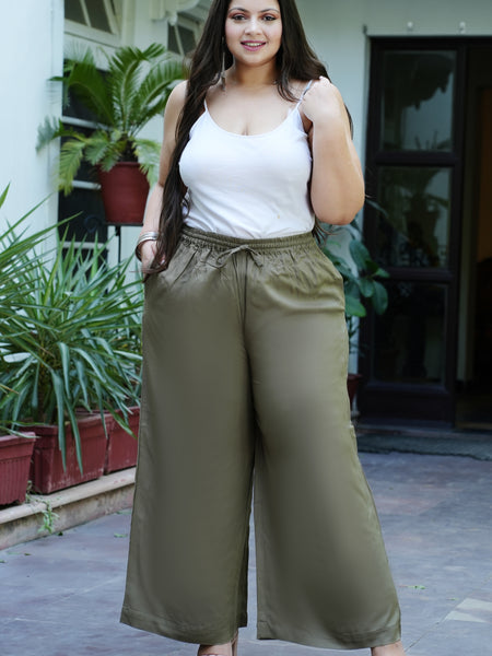 Olive Green Rayon Solid Palazzo (Plus Size)