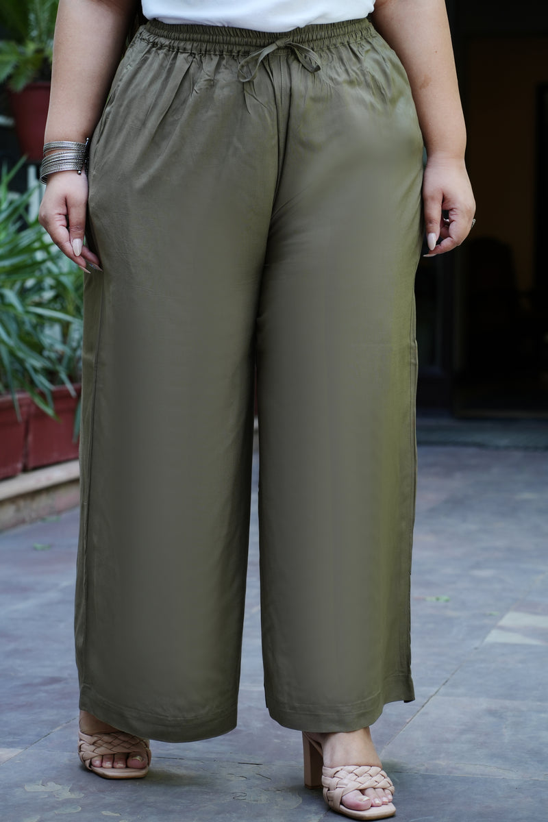 Olive Green Rayon Solid Palazzo (Plus Size)