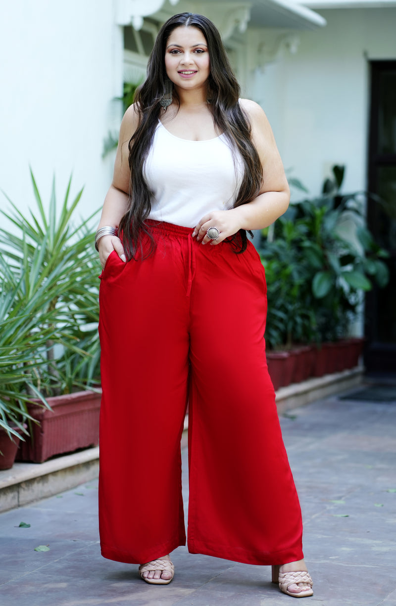 Red Rayon Solid Palazzo (Plus Size)