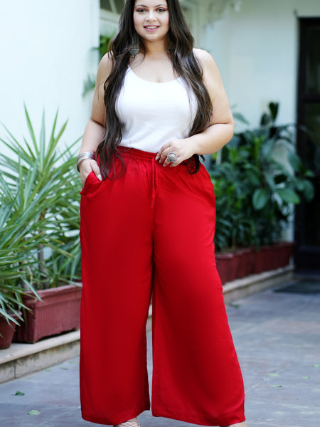 Red Rayon Solid Palazzo (Plus Size)
