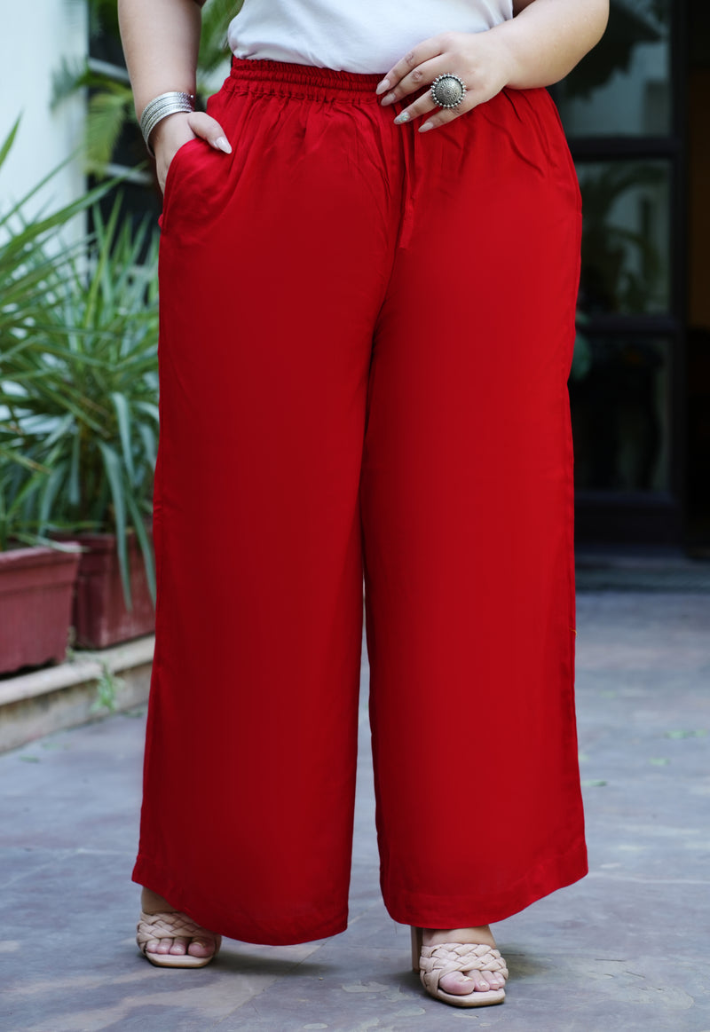 Red Rayon Solid Palazzo (Plus Size)
