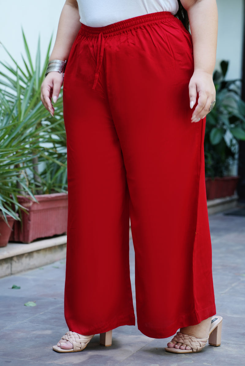Red Rayon Solid Palazzo (Plus Size)