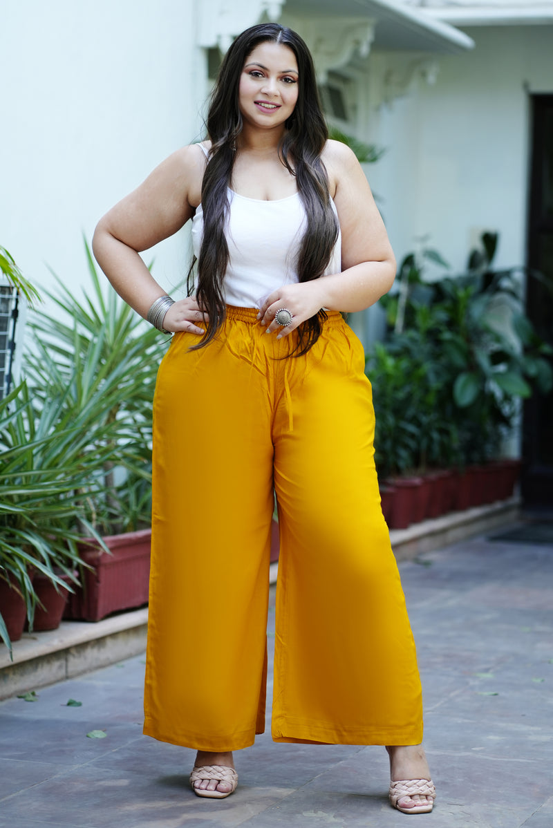 Yellow Rayon Solid Palazzo (Plus Size)