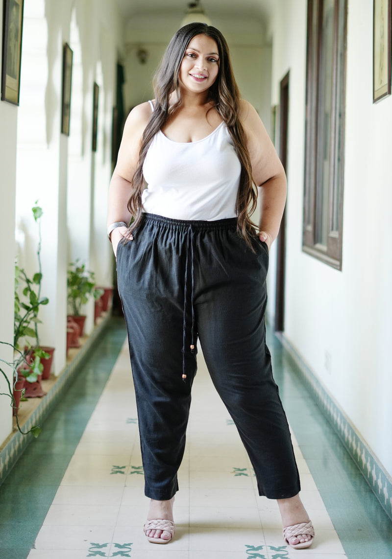 Black Cotton Solid Trouser (Plus Size)