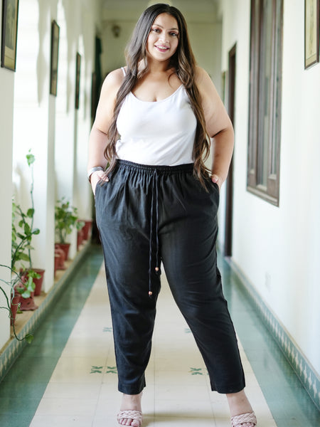 Black Cotton Solid Trouser (Plus Size)