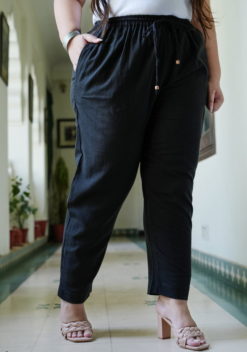 Black Cotton Solid Trouser (Plus Size)