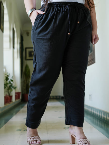 Black Cotton Solid Trouser (Plus Size)