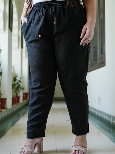 Black Cotton Solid Trouser (Plus Size)