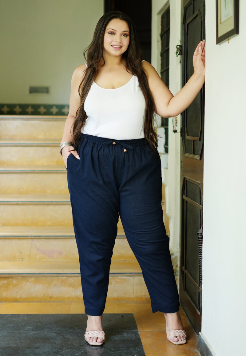 Navy Blue Cotton Solid Trouser (Plus Size)
