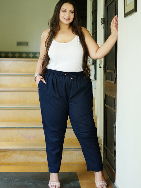 Navy Blue Cotton Solid Trouser (Plus Size)