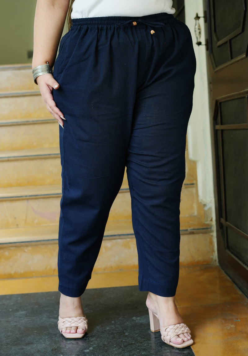 Navy Blue Cotton Solid Trouser (Plus Size)