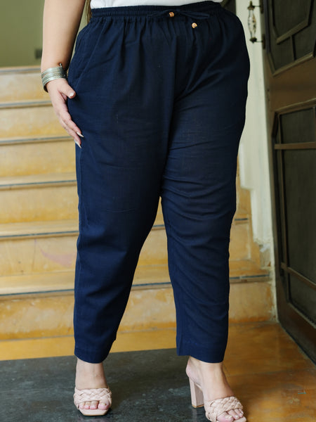Navy Blue Cotton Solid Trouser (Plus Size)
