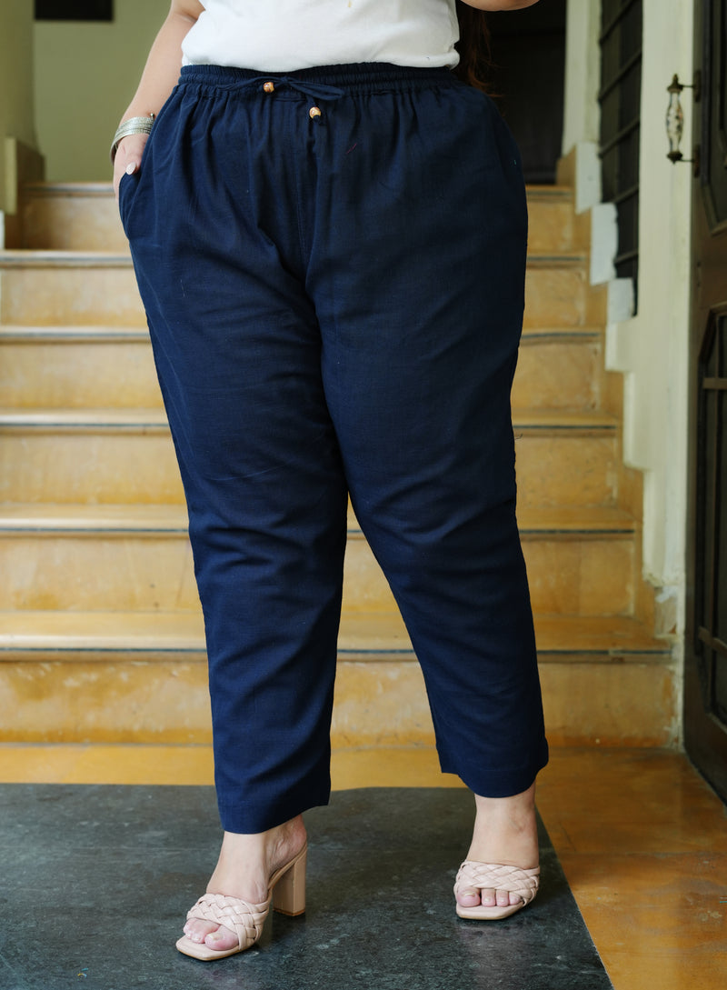 Navy Blue Cotton Solid Trouser (Plus Size)