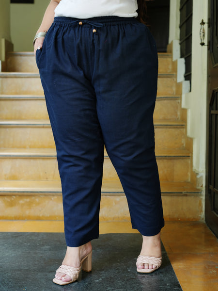Navy Blue Cotton Solid Trouser (Plus Size)