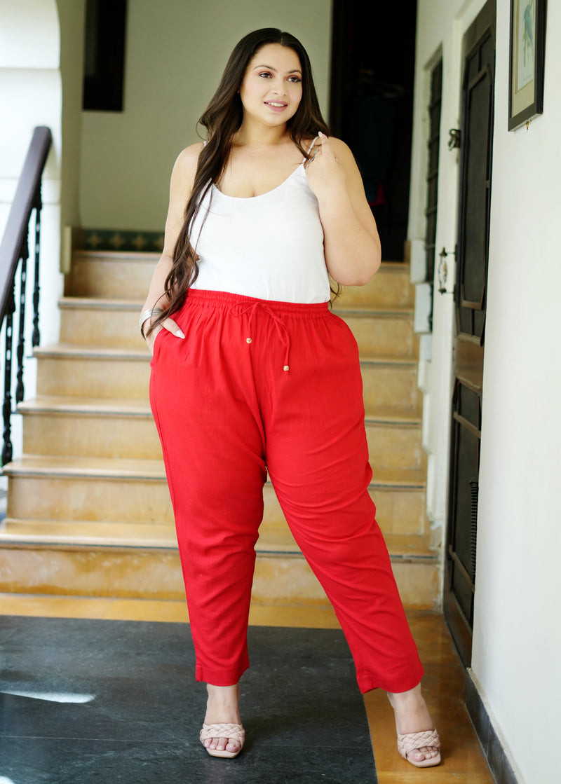 Red Cotton Solid Trouser (Plus Size)