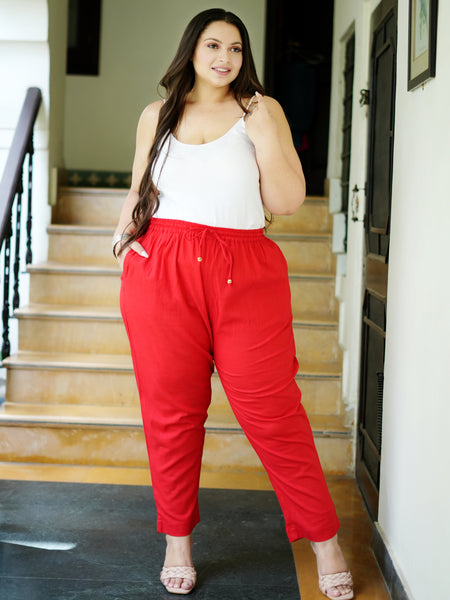 Red Cotton Solid Trouser (Plus Size)