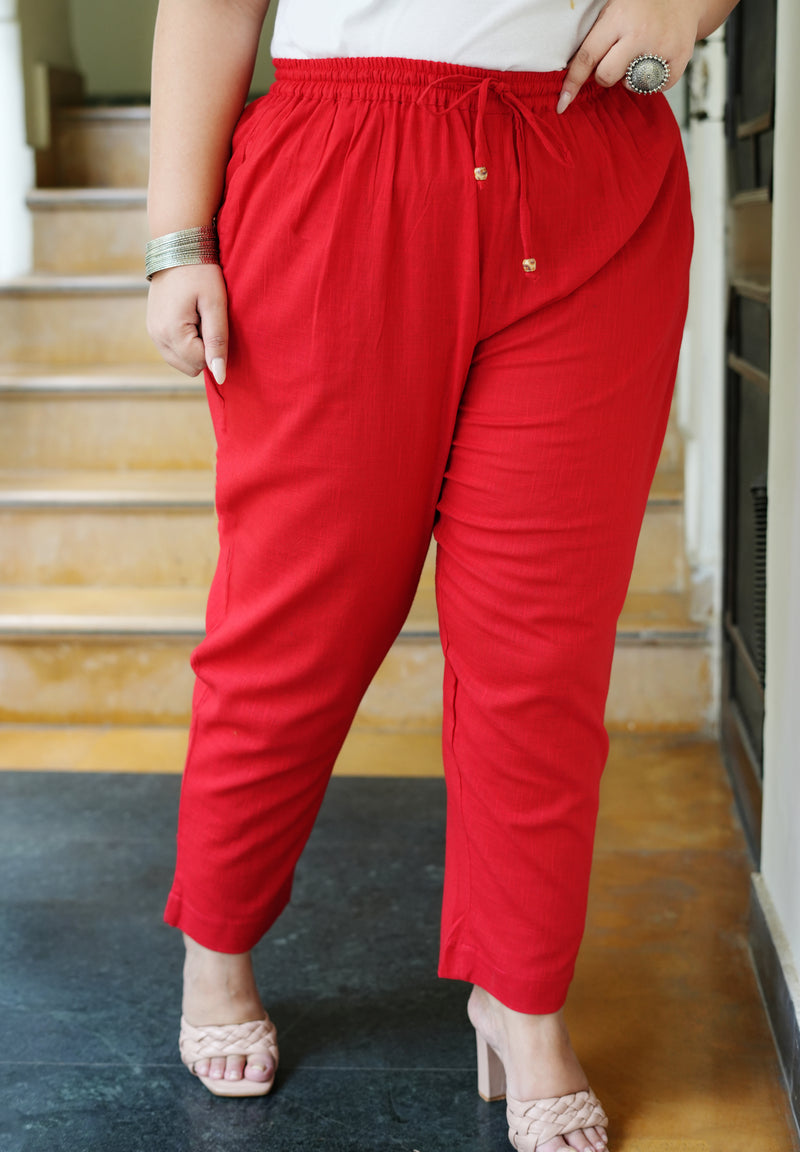 Red Cotton Solid Trouser (Plus Size)