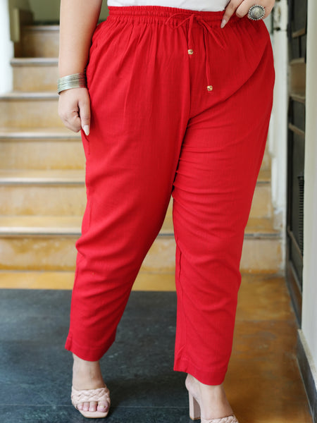 Red Cotton Solid Trouser (Plus Size)