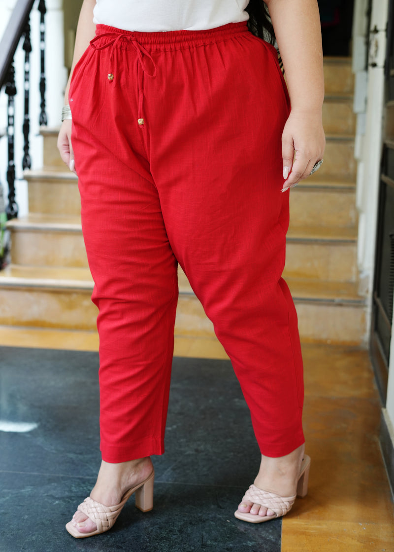 Red Cotton Solid Trouser (Plus Size)