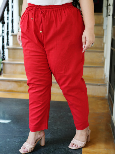 Red Cotton Solid Trouser (Plus Size)