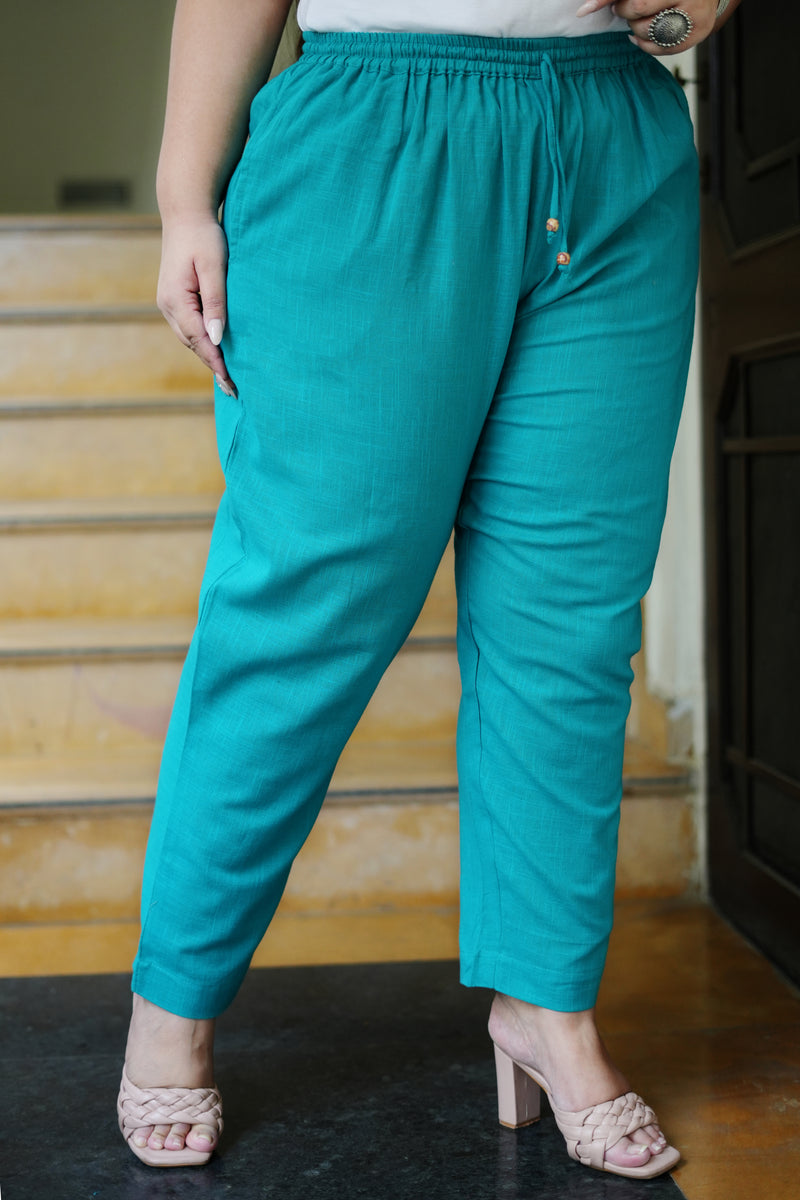 Teal Cotton Solid Trouser (Plus Size)