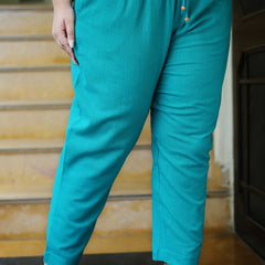 Teal Cotton Solid Trouser (Plus Size)