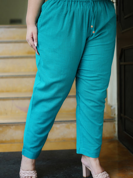 Teal Cotton Solid Trouser (Plus Size)