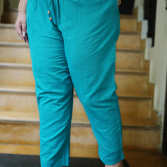 Teal Cotton Solid Trouser (Plus Size)