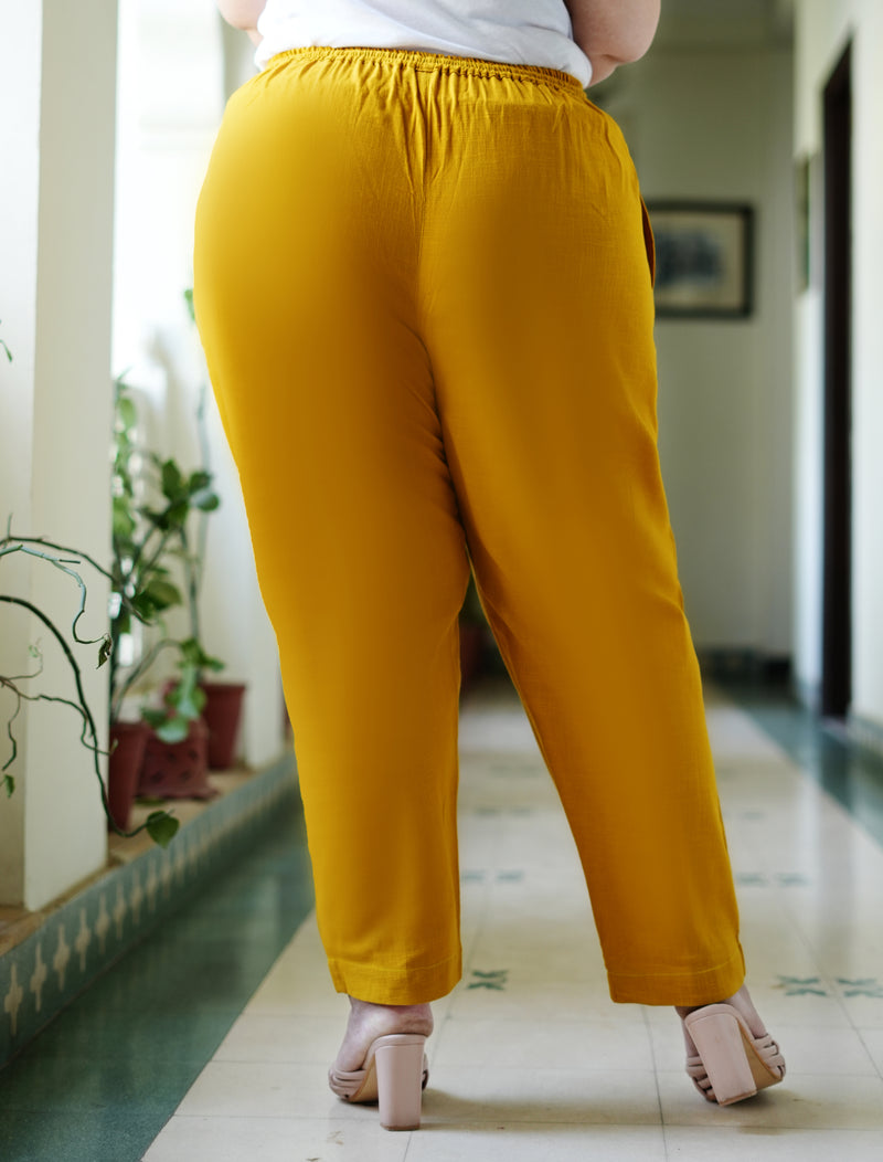 Yellow Cotton Solid Trouser (Plus Size)