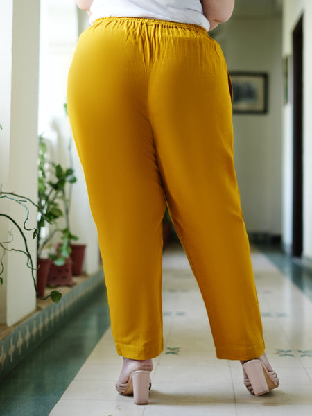 Yellow Cotton Solid Trouser (Plus Size)