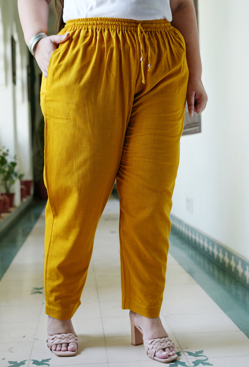 Yellow Cotton Solid Trouser (Plus Size)