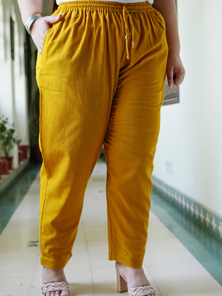 Yellow Cotton Solid Trouser (Plus Size)