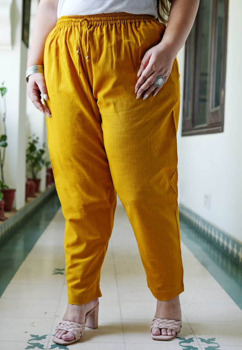 Yellow Cotton Solid Trouser (Plus Size)