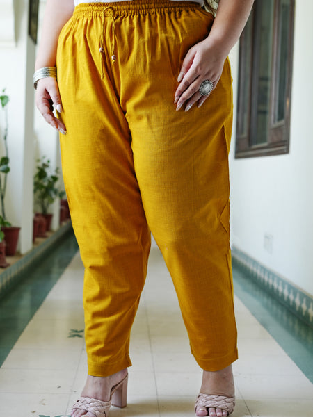Yellow Cotton Solid Trouser (Plus Size)