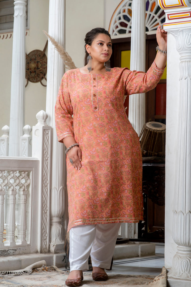 Cotton Printed Gajari Calf-Length Kurti with Three Quarter Sleeves (Plus Size)