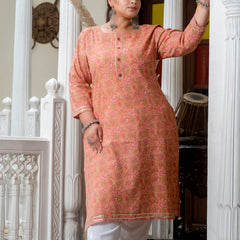 Cotton Printed Gajari Calf-Length Kurti with Three Quarter Sleeves (Plus Size)