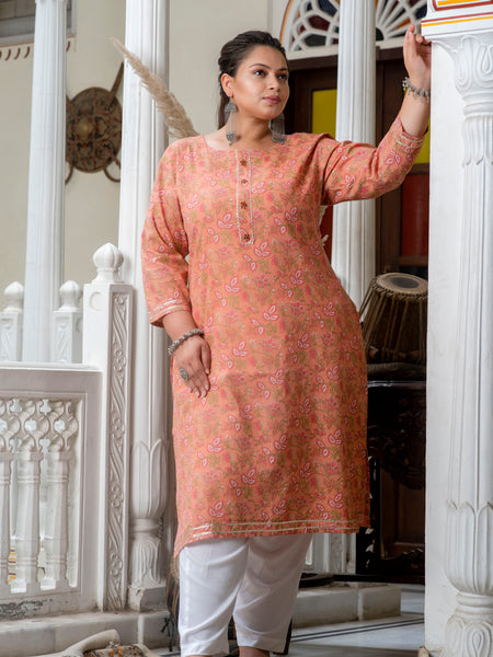 Cotton Printed Gajari Calf-Length Kurti with Three Quarter Sleeves (Plus Size)