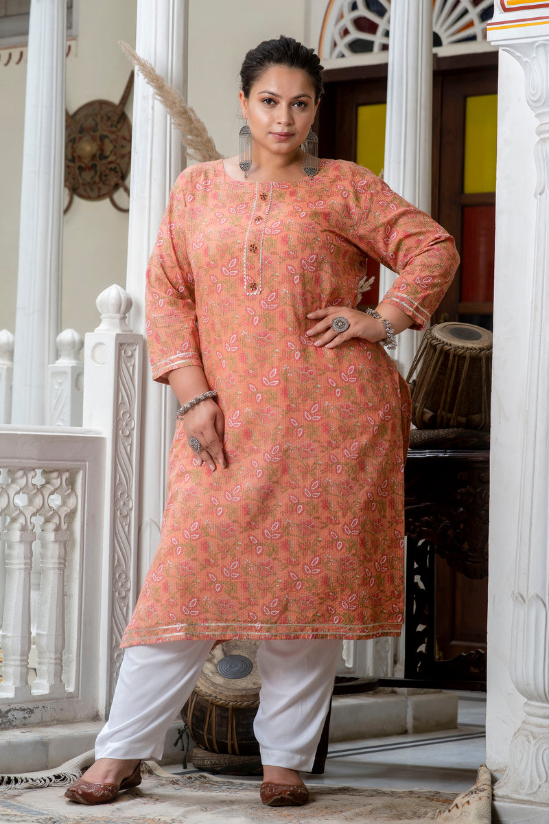Cotton Printed Gajari Calf-Length Kurti with Three Quarter Sleeves (Plus Size)