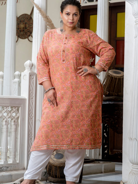 Cotton Printed Gajari Calf-Length Kurti with Three Quarter Sleeves (Plus Size)