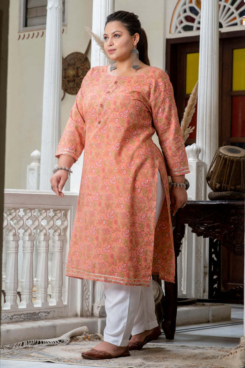 Cotton Printed Gajari Calf-Length Kurti with Three Quarter Sleeves (Plus Size)