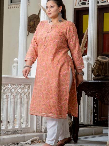 Cotton Printed Gajari Calf-Length Kurti with Three Quarter Sleeves (Plus Size)