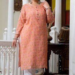 Cotton Printed Gajari Calf-Length Kurti with Three Quarter Sleeves (Plus Size)